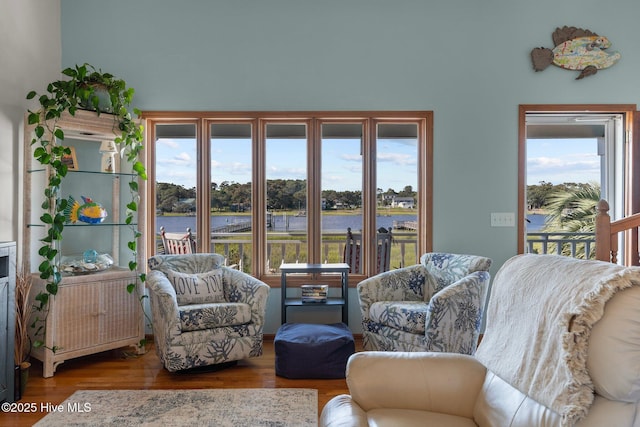 living area featuring a water view and wood finished floors