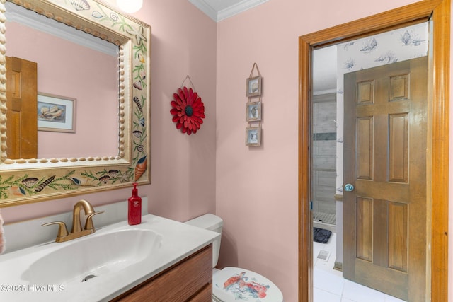 bathroom featuring toilet, ornamental molding, walk in shower, and vanity