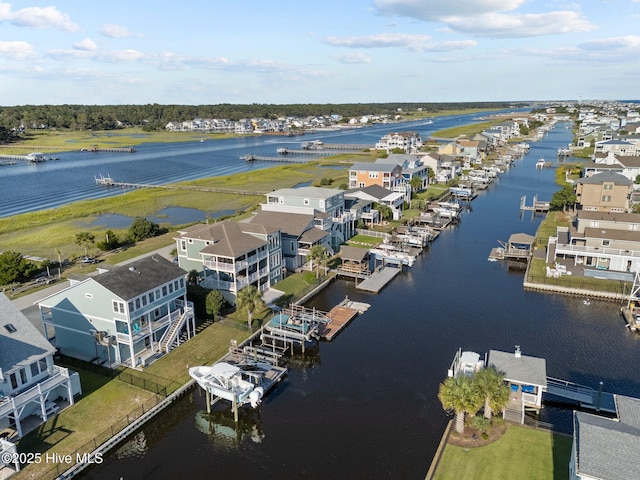 aerial view featuring a water view and a residential view