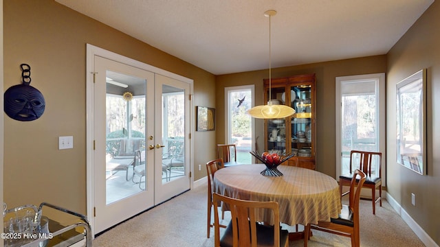 carpeted dining room with french doors and a healthy amount of sunlight