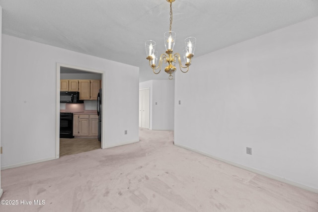 unfurnished living room with light colored carpet and a notable chandelier