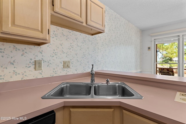 kitchen with black dishwasher, sink, light brown cabinets, and a textured ceiling