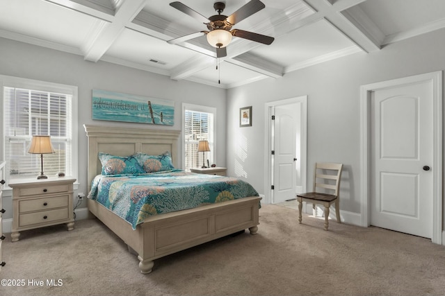 bedroom with ceiling fan, coffered ceiling, beam ceiling, and light carpet