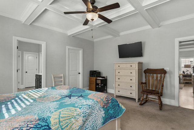 bedroom with beamed ceiling, ceiling fan, coffered ceiling, and carpet