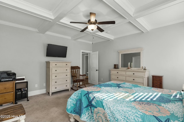 bedroom with beam ceiling, coffered ceiling, light carpet, and ceiling fan