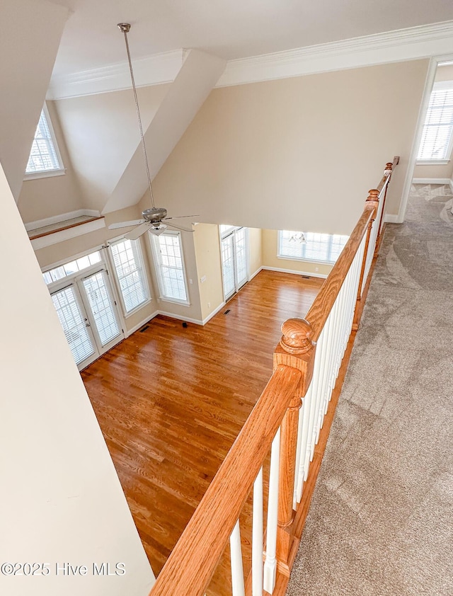 staircase with hardwood / wood-style flooring, a healthy amount of sunlight, crown molding, and high vaulted ceiling