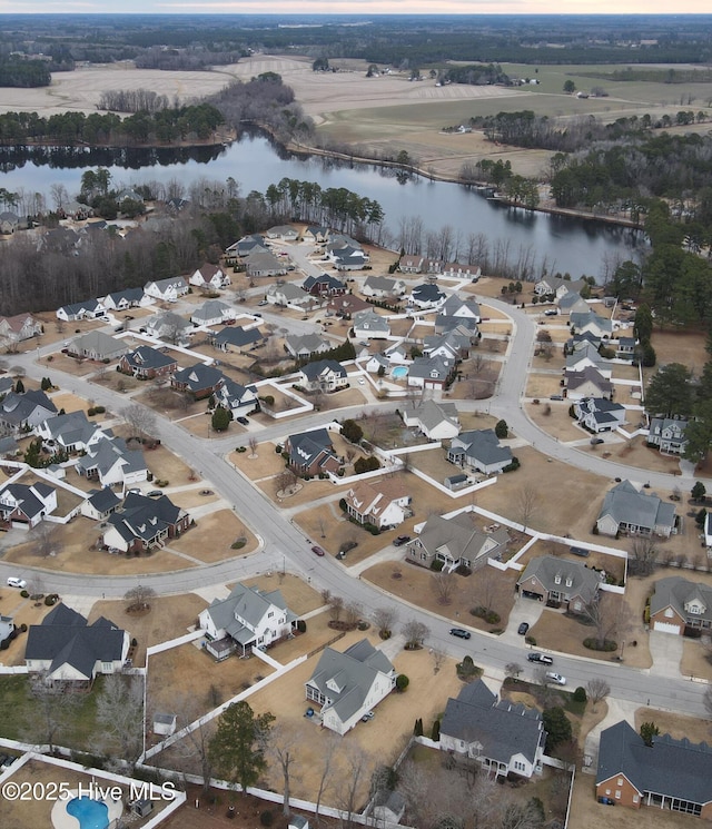 drone / aerial view featuring a water view