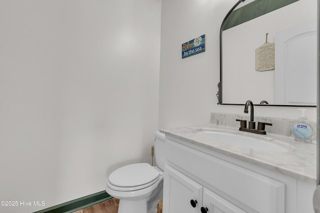 bathroom with hardwood / wood-style flooring, vanity, and toilet