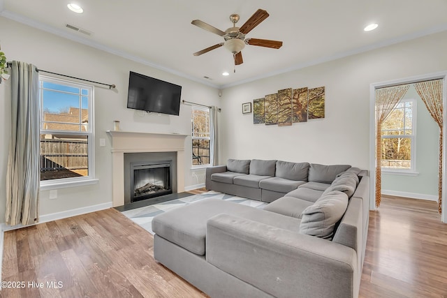 living room with crown molding, light hardwood / wood-style floors, and ceiling fan