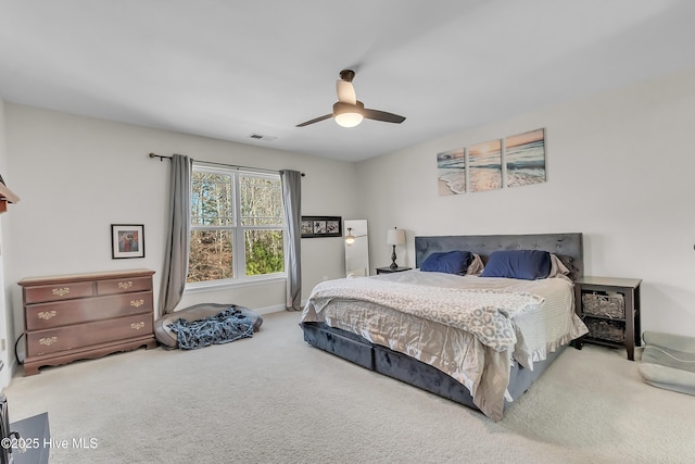 bedroom with ceiling fan and carpet