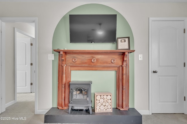 details featuring a wood stove and carpet flooring