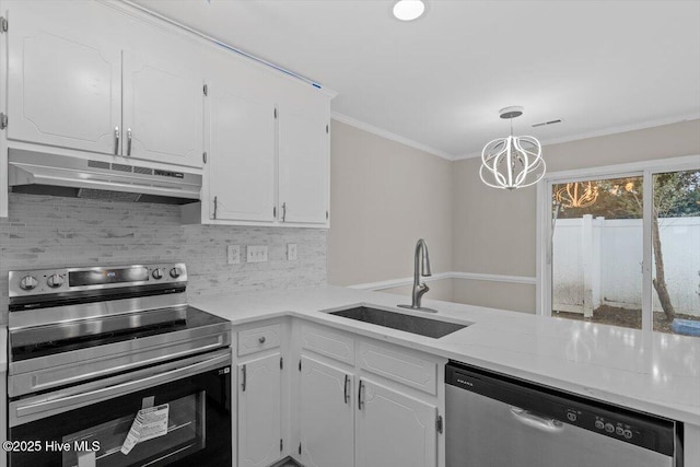 kitchen with white cabinetry, sink, hanging light fixtures, and appliances with stainless steel finishes