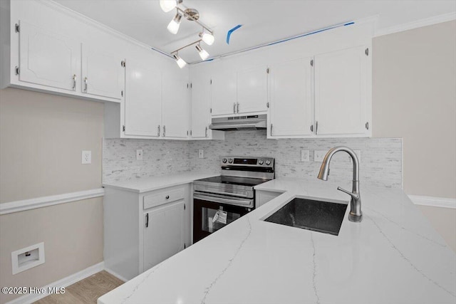 kitchen with white cabinetry, stainless steel electric stove, light stone countertops, and sink