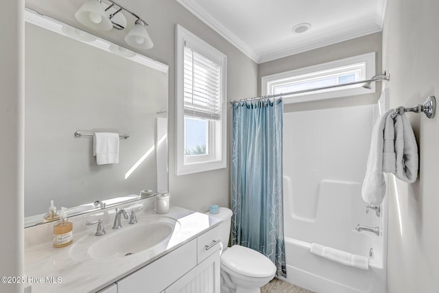 full bathroom with vanity, ornamental molding, toilet, and shower / bath combo with shower curtain