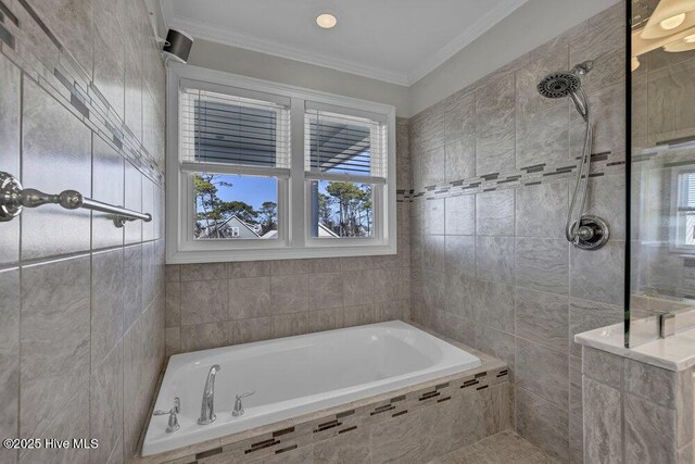 bedroom featuring ceiling fan, ornamental molding, wood-type flooring, and multiple windows