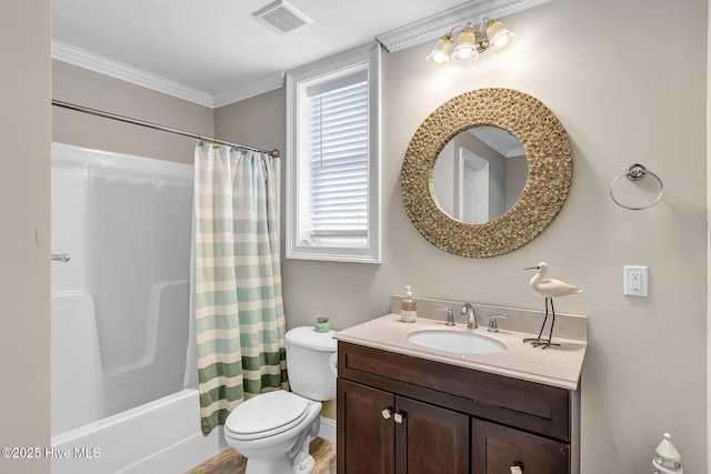 full bathroom with vanity, ornamental molding, shower / bathtub combination with curtain, and toilet