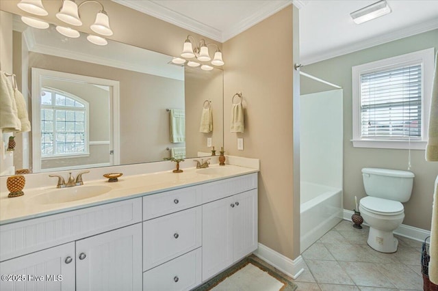 full bathroom with ornamental molding, plenty of natural light, and vanity