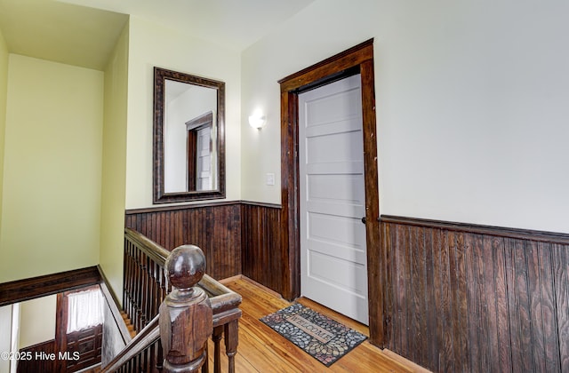 hallway with wood-type flooring and wood walls