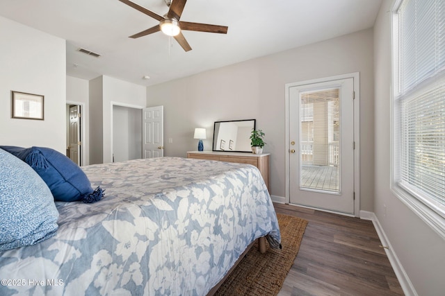 bedroom featuring ceiling fan and dark hardwood / wood-style flooring