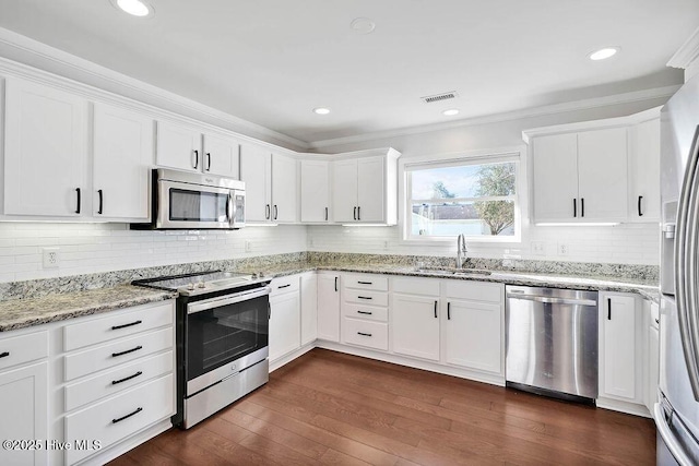 kitchen featuring white cabinets, light stone counters, appliances with stainless steel finishes, dark wood-type flooring, and a sink