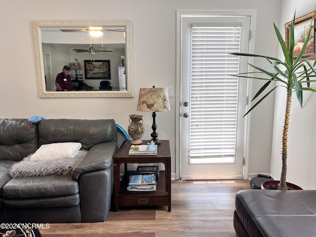 living room featuring wood-type flooring and ceiling fan