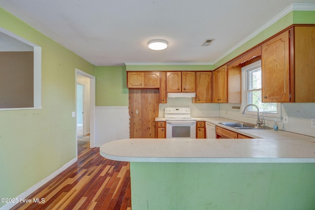 kitchen with dark hardwood / wood-style flooring, sink, white appliances, and kitchen peninsula