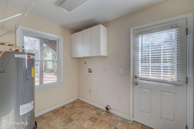 washroom with cabinets, washer hookup, water heater, and electric dryer hookup