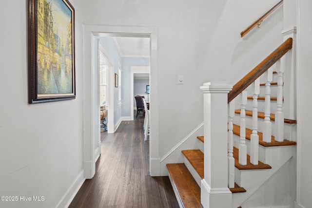 staircase with wood-type flooring and ornamental molding