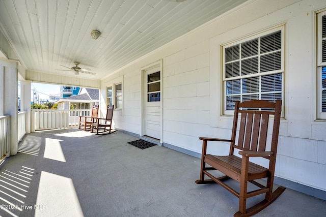 view of patio featuring ceiling fan and covered porch