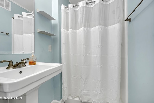 bathroom featuring walk in shower and sink