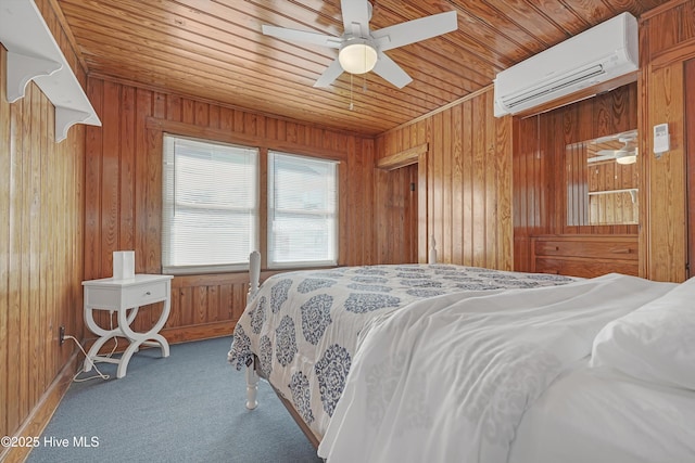 carpeted bedroom featuring a wall mounted air conditioner, wooden walls, and wooden ceiling