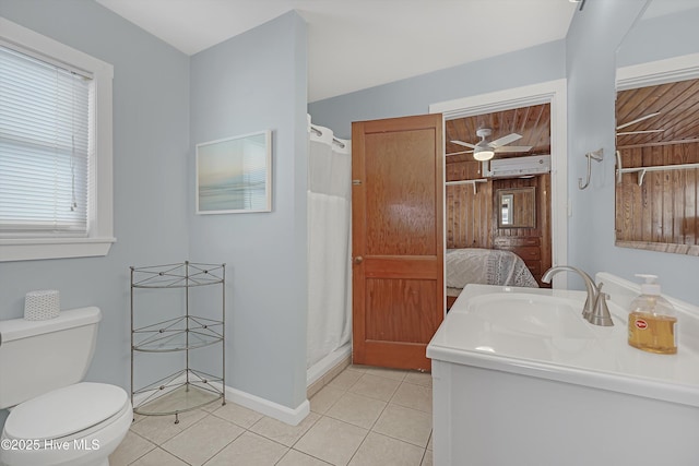 bathroom featuring walk in shower, toilet, vanity, ceiling fan, and tile patterned flooring