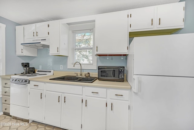 kitchen featuring white cabinetry, sink, and white appliances