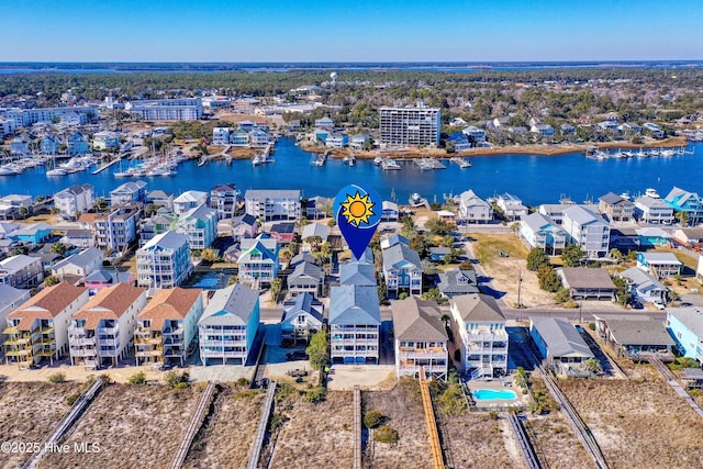 drone / aerial view featuring a water view