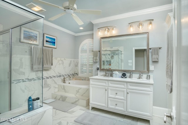 bathroom with ceiling fan, ornamental molding, separate shower and tub, and vanity