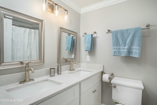 bathroom with crown molding, vanity, and toilet