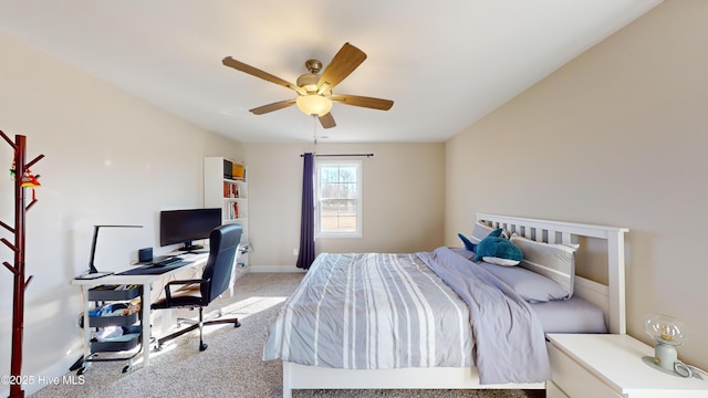 bedroom with ceiling fan and light colored carpet