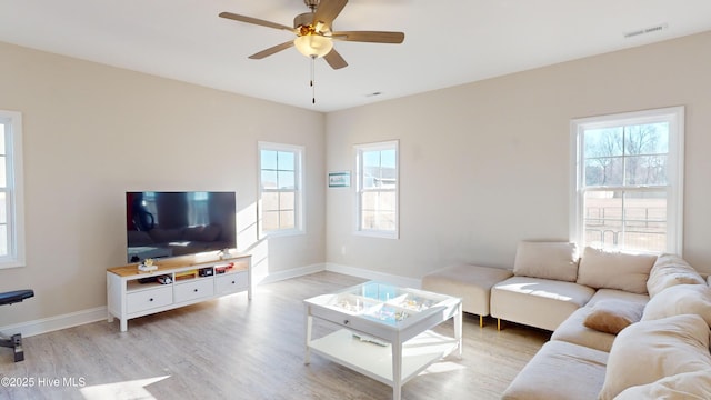 living area with light wood-type flooring, visible vents, baseboards, and ceiling fan
