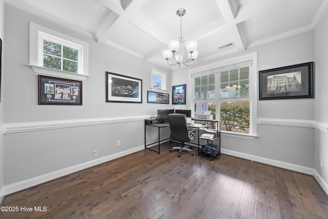 home office featuring dark hardwood / wood-style floors, a chandelier, ornamental molding, coffered ceiling, and beam ceiling