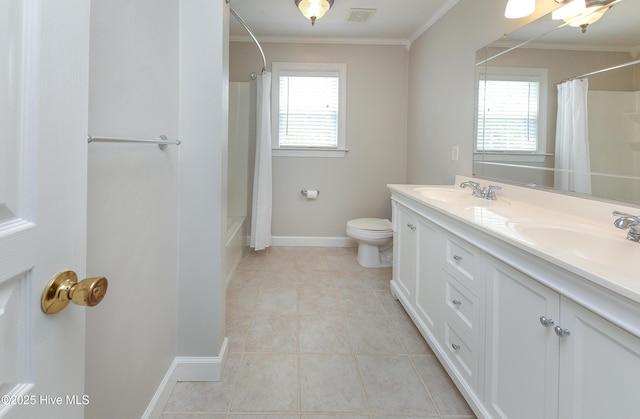 full bathroom with tile patterned floors, plenty of natural light, ornamental molding, and toilet