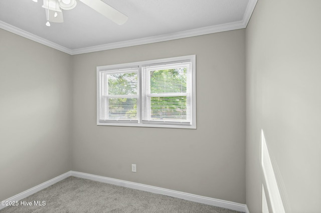 spare room featuring ceiling fan, baseboards, ornamental molding, and carpet