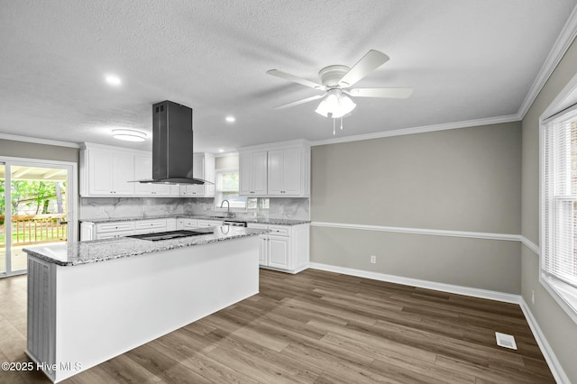 kitchen featuring a sink, island exhaust hood, white cabinetry, and wood finished floors