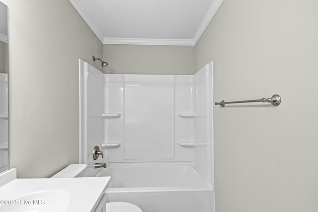 bathroom with vanity, shower / tub combination, ornamental molding, and toilet