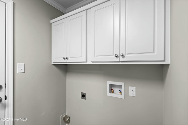 clothes washing area with electric dryer hookup, crown molding, hookup for a washing machine, and cabinet space