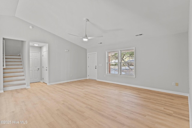 unfurnished living room featuring lofted ceiling, light hardwood / wood-style flooring, and ceiling fan