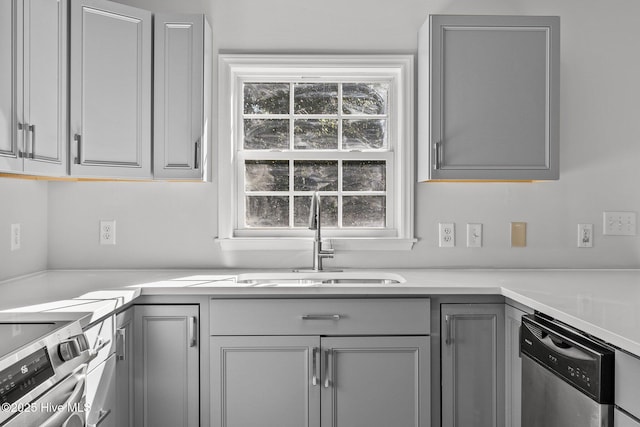 kitchen with stainless steel appliances, sink, and gray cabinets