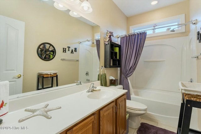 full bathroom with tile patterned flooring, vanity, shower / bath combination with curtain, and toilet