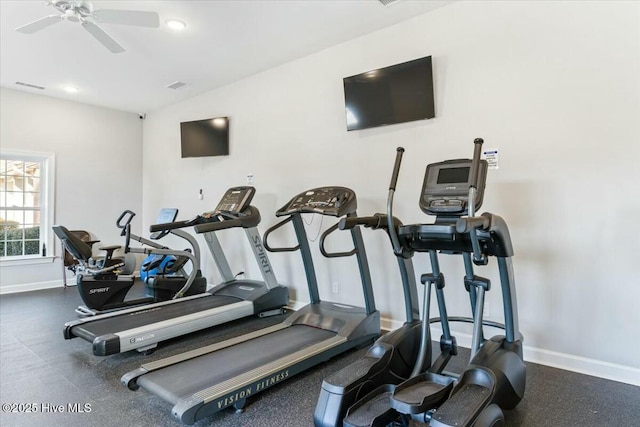 gym featuring ceiling fan