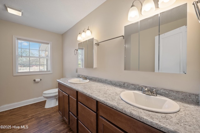 bathroom featuring vanity, hardwood / wood-style floors, and toilet