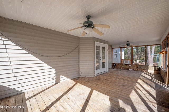 wooden terrace with french doors, ceiling fan, and cooling unit